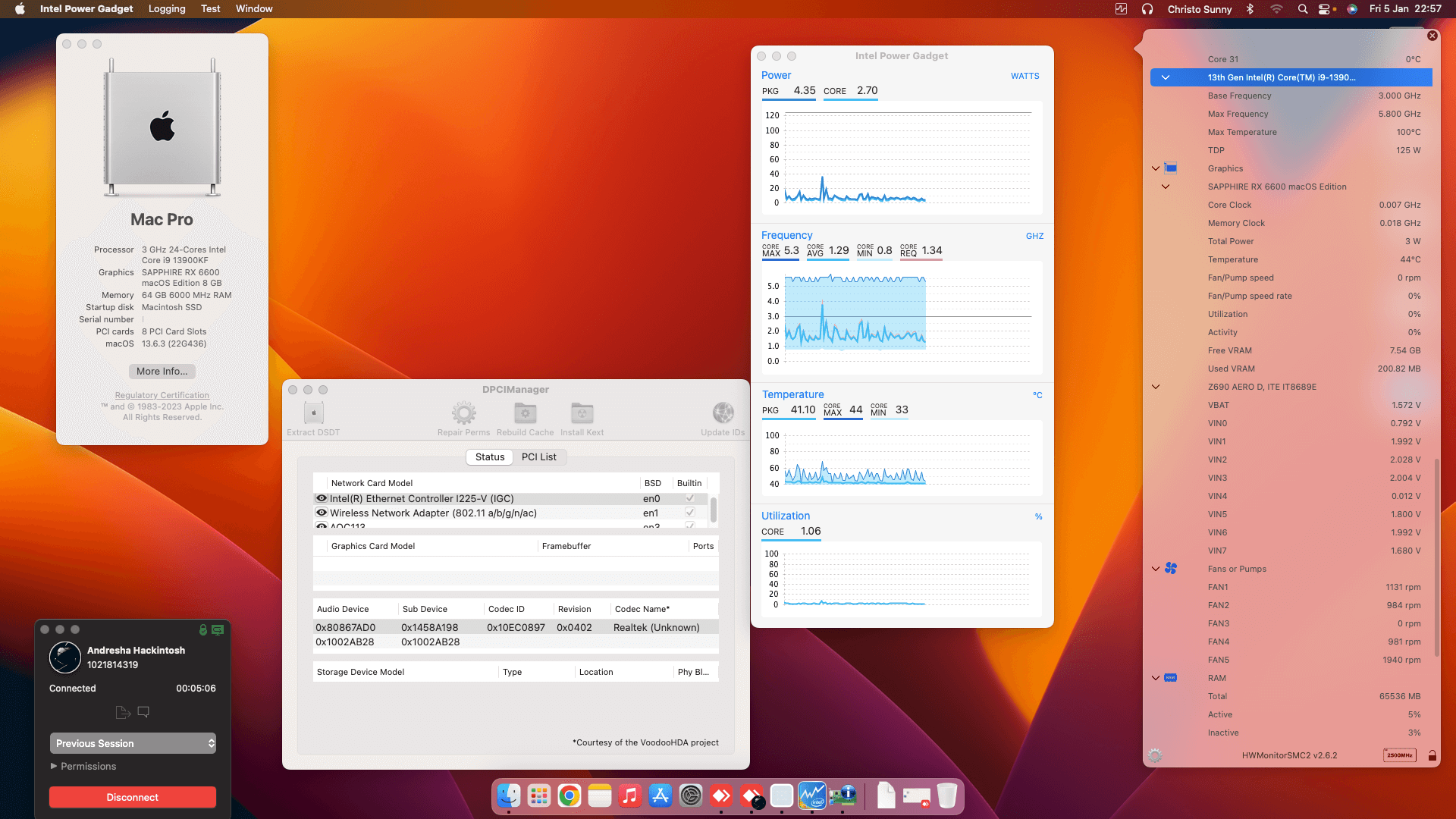 Success Hackintosh macOS Ventura 13.6.3 Build 22G436 in Gigabyte Z690 Aero D + Intel Core i9 13900KF + Sapphire RX 6600